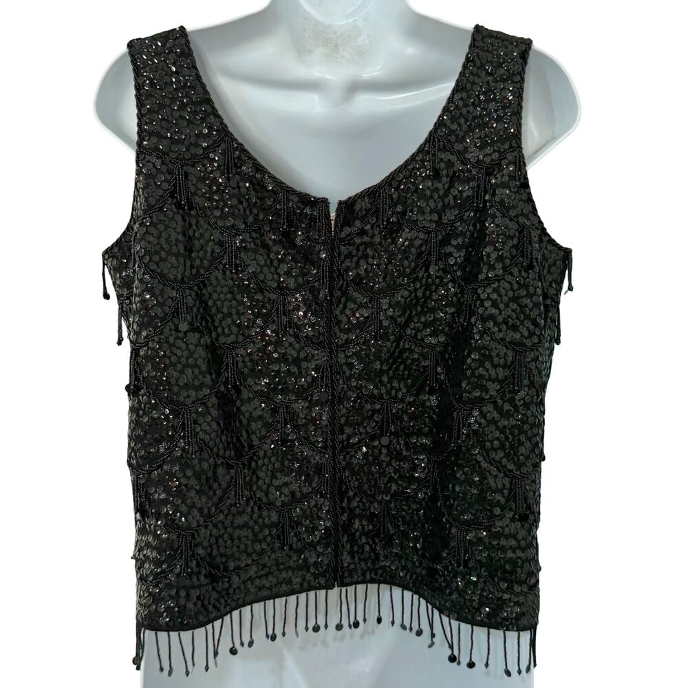 Vintage 70s Black Sequin Scallop Beaded Fringe Black Crop Wool Tank Top size M - Picture 5 of 9